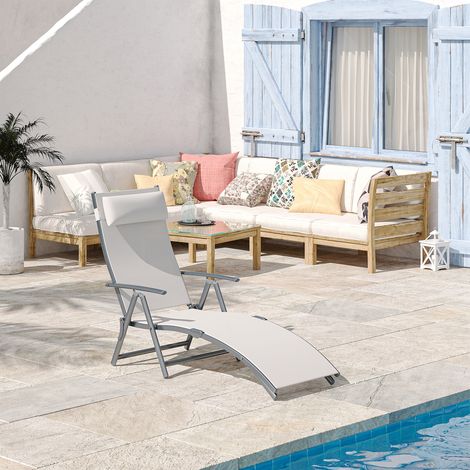 Klappbare Gartenliege mit Kissen, 7-fach verstellbare Rückenlehne, 137 x 63,5 x 100,5 cm, Beige