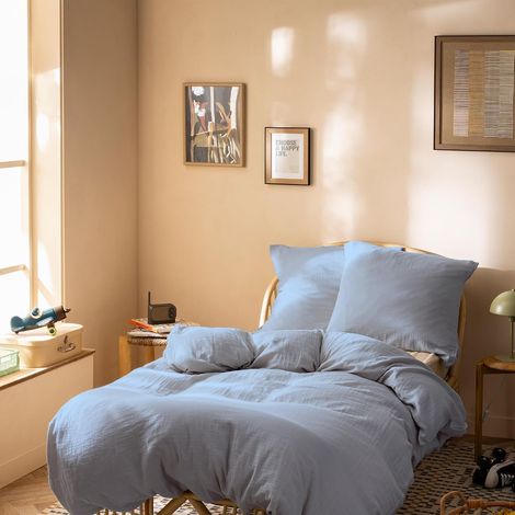Housse de Couette Unie Double Gaze de Coton 140x200cm 100% Coton de qualité supérieure Oeko-Tex Housse de Couette 140x200cm Bleu Horizon (1/4)