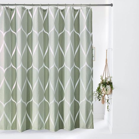 Geometrischer Duschvorhang Stoff Textil Anti Schimmel Vorhang Set 182x182cm Grün (1/5)