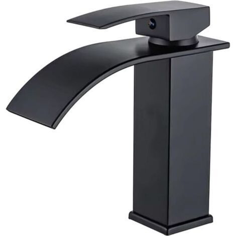Robinet cascade évier salle de bain acier inoxydable noir finition polie économiseur d'eau montage sur pont 1 trou 1 levier dimensions 26 x 21 x 7,3 cm (1/5)