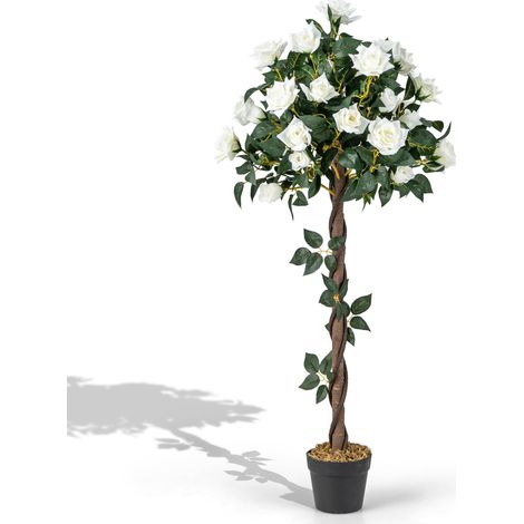 COSTWAY Pianta Floreale Finta 120 CM, Albero di Fiori Artificiali con Rose Bianche, Vaso da Vivaio, Pianta in Vaso da Interno per Decorazione Interna per Ufficio e Casa (1/5)
