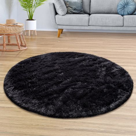 Tapis de salon à poils longs, doux, moderne, design uni Noir, Rond, 160 cm x 160 cm x 37 mm (1/5)