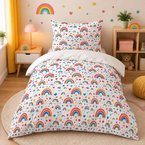 Parure de lit pour enfant - 135 x 200 cm - En microfibre douce - Motif arc-en-ciel - Avec fermeture éclair - Avec housse de couette et 1 taie d'oreiller de 80 x 80 cm - Cadeau pour fille (1/5)