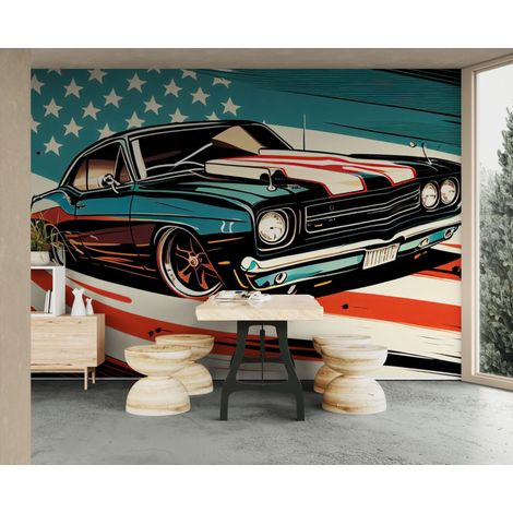 Papier peint vintage – Voiture américaine stylisée - 300 x 250 cm (1/2)