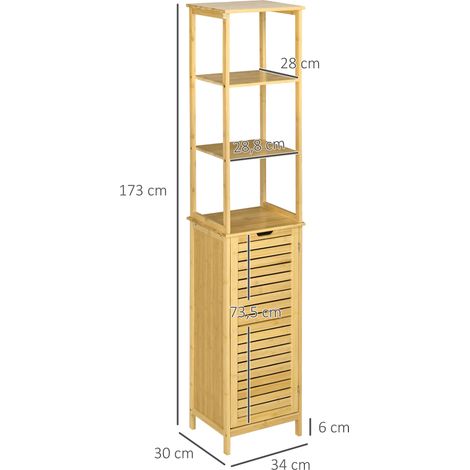 Badschrank, Hochschrank, drei Regalböden, ein Schrankfach mit Lamellentür, Kippschutz, Bambus, 34 x 30 x 173cm (1/5)