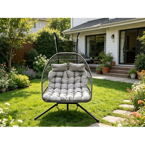 Fimous Rattan Garden Double Hanging Egg Chair Indoor Outdoor Patio Furniture with Grey Cushion