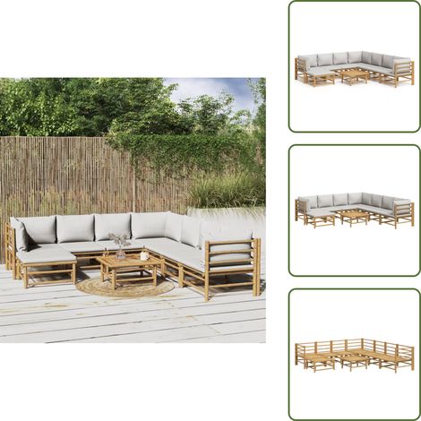 Cojines para sofás - vidaXL Set de muebles de jardín 9 piezas bambú y cojines gris claro - Muebles de bambú