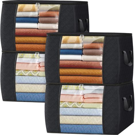 Lot de 4 sacs de rangement pliables de 90 litres pour ranger les vêtements, les armoires et les couettes de votre chambre, noirs (1/5)