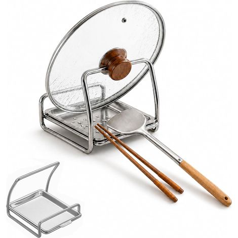 Stainless Steel Kitchen Lid Holder with Collection Tray, Lid Holder with Spoon Rest, Lid Holder for Lids up to 30 cm, Stable and Easy to Clean (1/5)