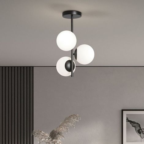 Plafonnier Rondo noir mat 3 globes en verre opalescent – Hauteur 52.5 cm – Largeur 29 cm – IP20 pour salon contemporain – Millumine (1/4)