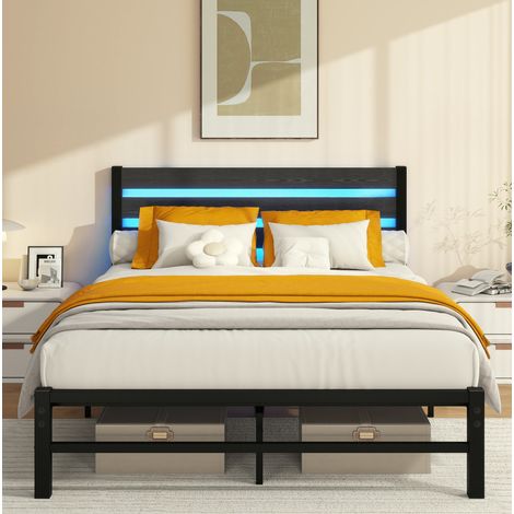 Bett Metall und MDF Schwarz 140x200 cm mit LED, USB-Ladestation und 27 cm Unterbettaufbewahrung (1/5)
