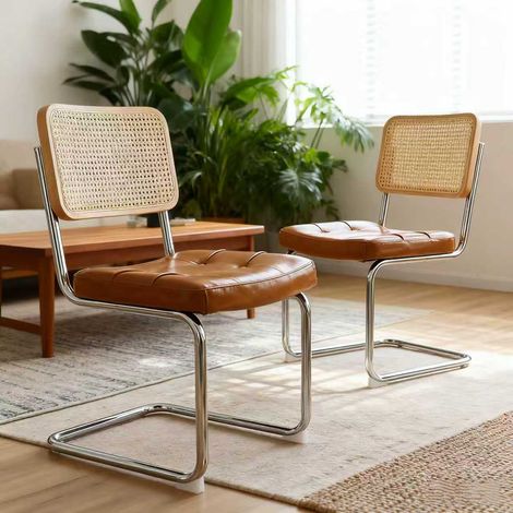 2 Esszimmerstühle im Mid-Century-Design, mit Kunstleder-Sitzfläche und verchromten Beinen, retro-moderner Stil – ideal für Esszimmer, Wohnzimmer und Küche