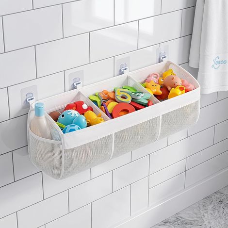 Filet Rangement Jouet Bain, Filet Jouet Bain Bébé 3 Compartiments Large Capacité avec Crochets Auto Adhésifs, Organisateur Jouets Bain pour Salle de Bain et Baignoire (1/5)
