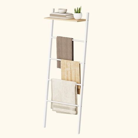 Porte-Serviettes, Étagère Échelle, 41 x 20 x 156 cm, Petits Espaces, Stable, pour couvertures, vêtement, journaux, Blanc et Couleur Bois (1/5)