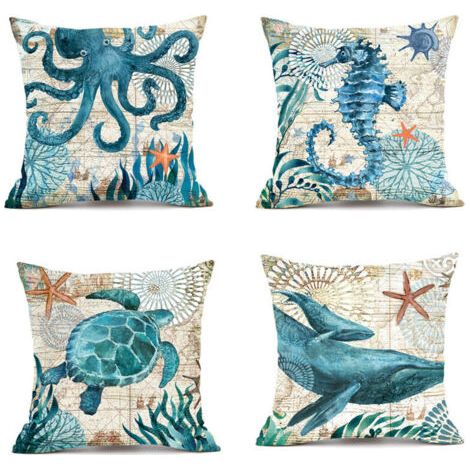 Copricuscino per esterni 45x45cm, set di 4 federe impermeabili con motivo a vita marina blu per divano, per patio, giardino, soggiorno, camera da letto, decorazione FLITI