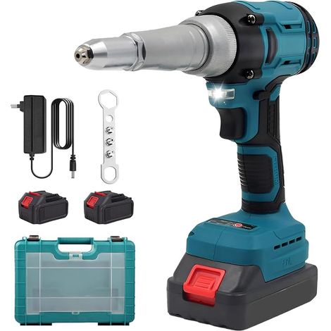 Battery Riveter Compatible with 21V, Brushless Electric Automatic Riveter 20,000 N for 2.4/3.2/4.0/4.8mm Rivets with 2 Batteries and 3 Adapters (1/4)