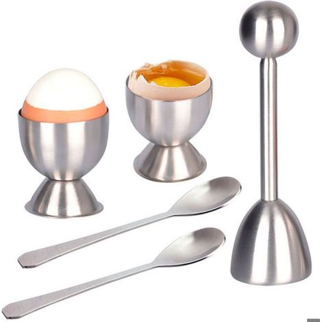 Coupe-Oeuf - En Acier Inoxydable - Pour Oeufs Durs Et Mous - Lot De 5 Avec Cuillères Et Coquetiers (1/4)