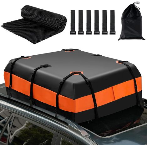 Coffre de toit de 600 l pour voiture, coffre de toit étanche avec 10 larges sangles, 6 crochets de fixation, un tapis antidérapant et un sac de transport, coffre de toit pliable pour tous les véhicule (1/5)