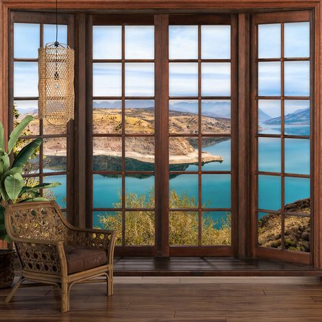 Papier peint panoramique Trompe l'oeil Fenêtre en bois - Vue Mer - 130 cm x 104 cm (1/5)