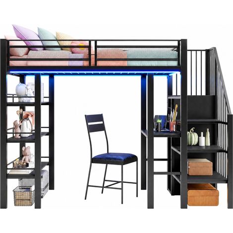 Lit mezzanine 90 x 200 noir avec LED, prise, bureau, étagères et armoire, escalier réversible gauche/droite pour chambre ado, CHICFURN (1/5)