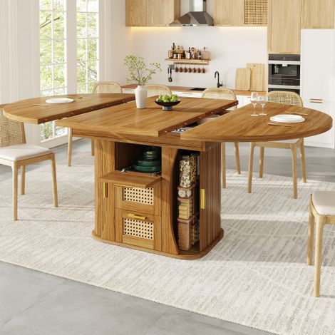 Table de salle à manger extensible avec rangement (118–158 cm), dotée de tiroirs à façade en rotin et d'un plateau en MDF finition imitation bois  disponible en noir, bois naturel ou marron. (1/5)