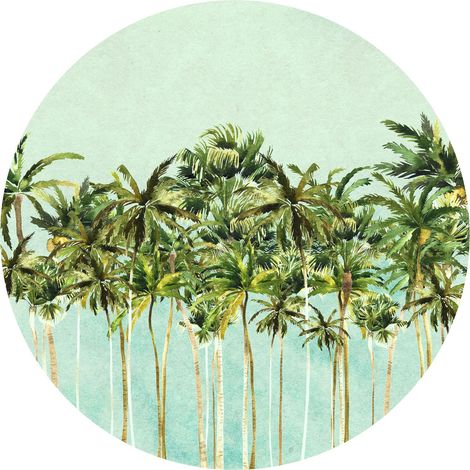 papier peint panoramique rond adhésif Coconut Trees vert et bleu - Komar (1/3)