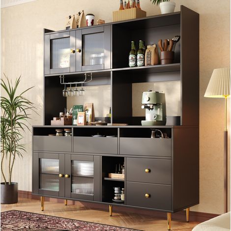 meuble rangement buffet vitrine 145 cm MDF noir métal OKMYHOME (1/5)