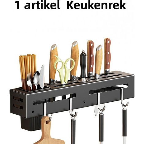multi-functional wall-mounted kitchen shelf with adhesive for knives, chopsticks and kitchen utensils, no drilling required, 30 cm, black (1/5)