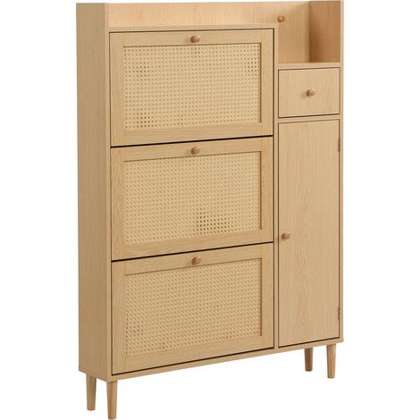 ELVMI Scarpiera con 3 ante a ribalta, 1 cassetto e ripiani regolabili per ingresso in MDF 90 × 17 × 125 cm Naturale (1/5)