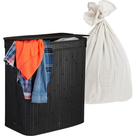 Cesto de ropa sucia de bambú, 2 compartimentos, plegable