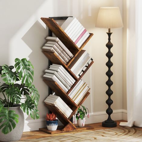 Baumförmiges Standregal mit 7 Ebenen, schmales Bücherregal, rustikales Braun (1/5)