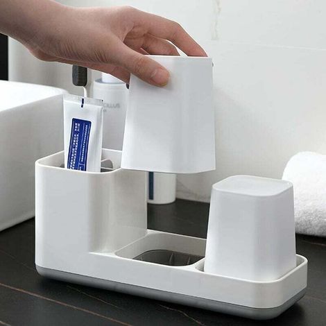 Porte Brosse à Dent, Verre à Dent de Qualité en Plastique avec Gobelets,Organisateur de Salle de Bain Multifonctionnel pour Lavabo ou Armoire Salle de Bain（Blanc，24.4X10.8X8.9cm）