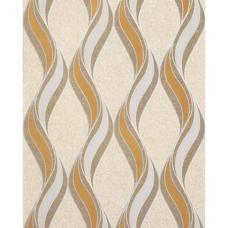 Grafische Tapete EDEM 1025-11 Buntsteinputz geschwungene Linien mit Ornamenten senfgelb beige hellgrau silber