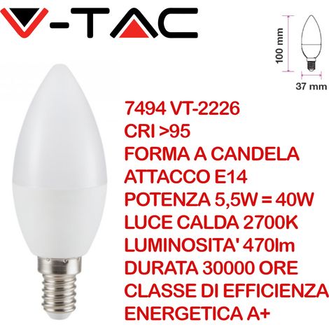 V-TAC VT-2226 Lampadina led smd 5.5W E14 candela CRI 95 bianco caldo 2700K - SKU 7494