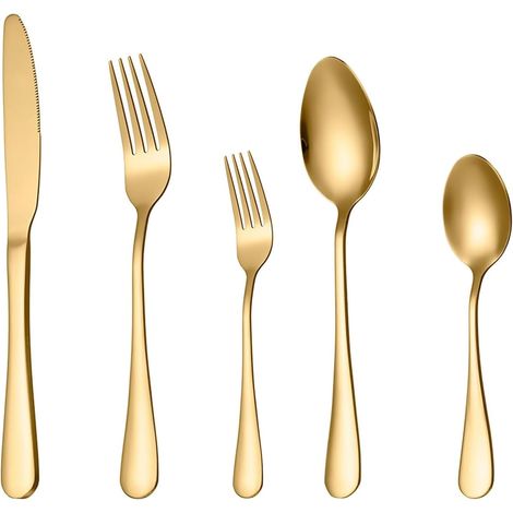 Ensemble de couverts 30 pièces - Couverts de cuisine en acier inoxydable Poli brillant Passe au lave-vaisselle Service de table pour 6 personnes, (or) (1/5)