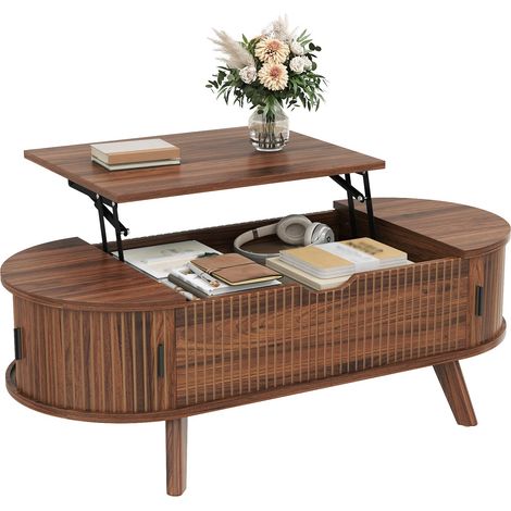 Mesa de centro elevable ovalada (110x50x53.5 cm), con gran espacio oculto, puertas correderas, MDF nogal (1/5)