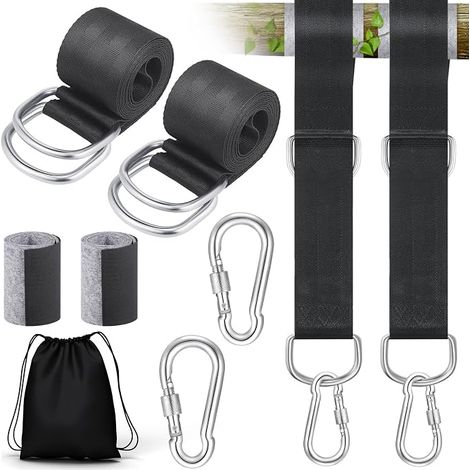 Sangle Hamac, Sangle Balancoire Arbre Charge Max Fixation Balancoire Exterieur avec Mousquetons, Anneaux en D, Tapis de Protection des Arbres, Poches de Rangement(1.5m 4.8cm) Tree Swing Strap, D-Rin (1/5)