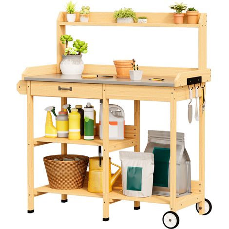 Pflanztisch Bealife Gartenschrank aus Tannenholz mit Rollen mit 1 Schublade 2 Regalböden Haken an der Seite 116 x 46.5 x 120 cm