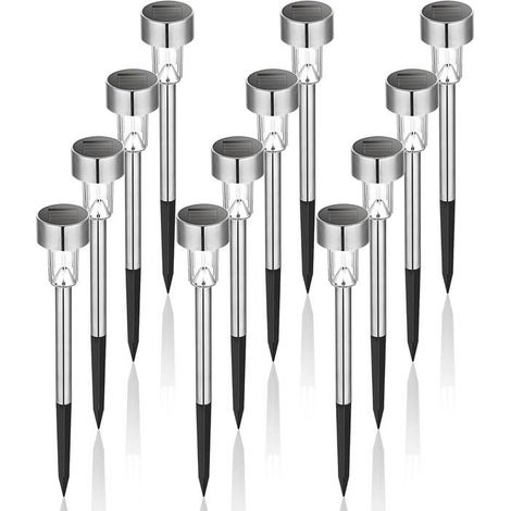 Lot de 12 lampes solaires extérieures LED IP65 en inox 3500K pour jardin, allée, terrasse (1/5)