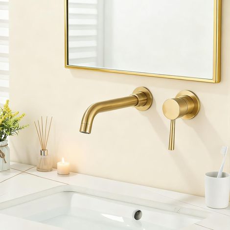 Mitigeur Lavabo Mural Rotatif à 360°Robinet Salle de Bain pour Baignoire et Lavabo Robinet Encastré Lavabo Mural Design Moderne,Or Brossé