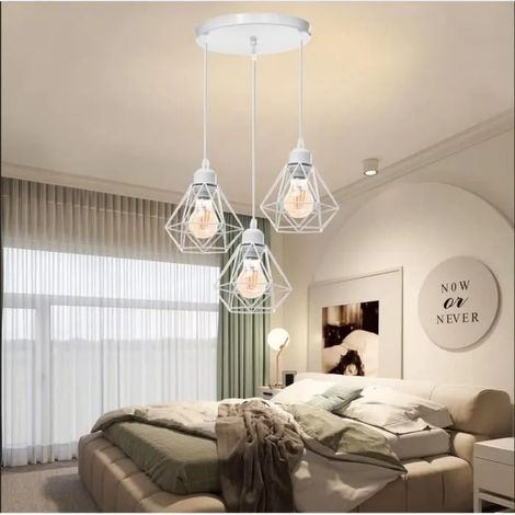 Moderne Lustre Suspension en Cage Blanc,E27 Lampe Luminaire Vintage Style Industriel pour Salon Chambre,16cm (1/4)