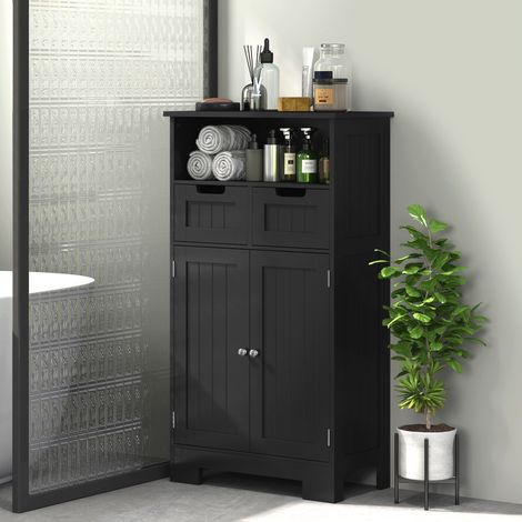 Meuble vasque salle de bain noir, grand espace de rangement avec niche encastrée, 2 tiroirs, armoire double porte et étagère (1/5)