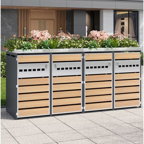 Armadio da giardino per raccolta rifiuti in acciaio zincato grigio e finitura effetto legno, 4 scomparti con fioriera e porte chiudibili (1/5)