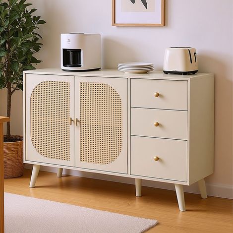 Buffet 2 portes en cannage + 3 tiroirs 120x40x82 cm crème et doré (1/5)
