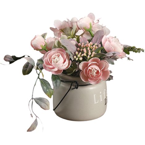 Bouquet de Roses et d'Hortensias Artificiels avec Petit Vase en Céramique - Sans Entretien, Décoration Élégante pour Salon et Chambre