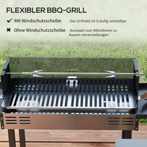 Grill à charbon de bois, barbecue avec grille réglable, 1 broche tournante, 118 x 32 x 90 cm, noir et argent (1/4)