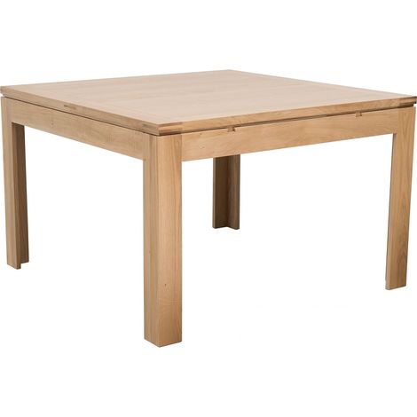 Hellin – Table carrée extensible chêne clair massif 140/200 cm – Pour 12 personnes – Piètement 100 mm – Finition brossée vernie