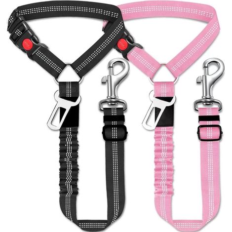 2 Pièces Ceinture de Sécurité Chien Voiture, Ceinture Sécurité Chien Réglable, Laisse de Sécurité pour Chien avec Amortisseur Élastique, Rotation à 360°, pour Voiture, SUV, Camionnette, Noir et Rose (1/5)