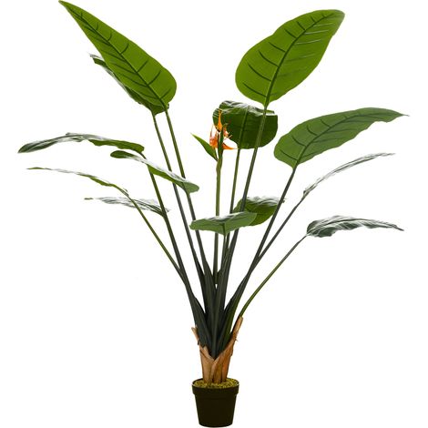 Oiseau de paradis artificiel 180 cm avec 13 feuilles et 2 fleurs réalistes, pot inclus (1/5)