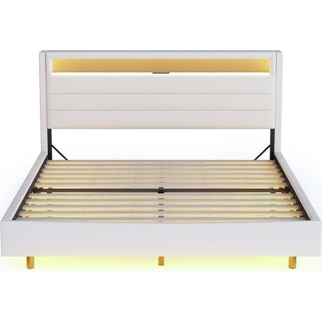 Cama tapizada 140 x 200 cm de lino beige con USB, LED y cabecero elevable (1/5)